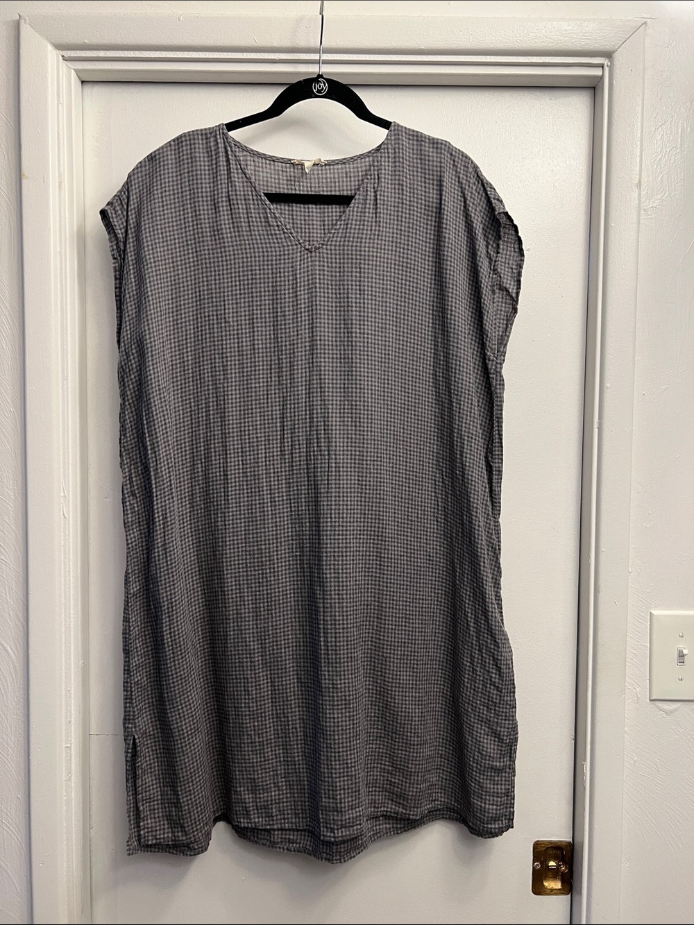 Eileen Fisher 100% Organic Linen Gray Gingham Check Shift Dress Size Medium